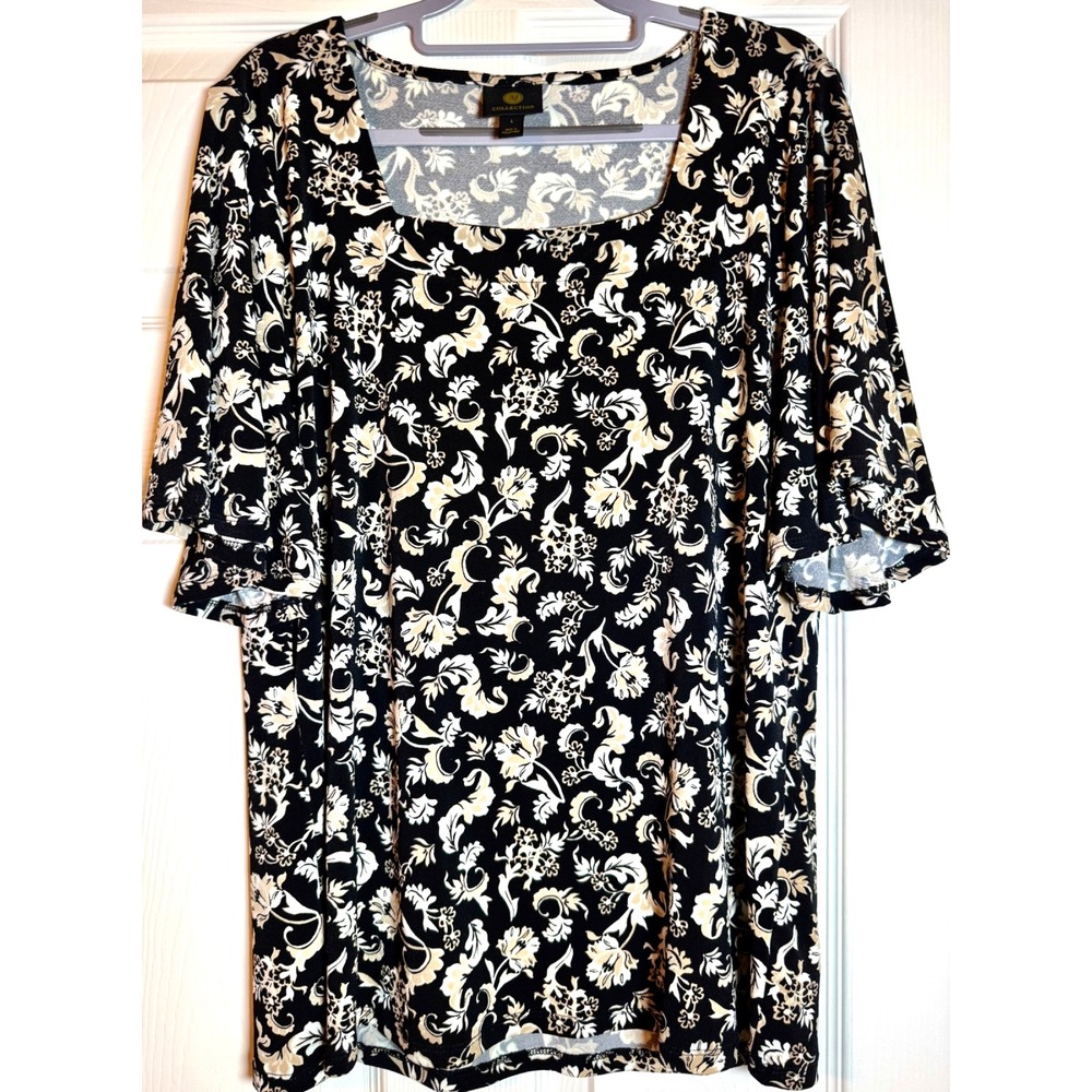 JM Collection Women's Large Black Pullover Blouse with Neutral Floral Print